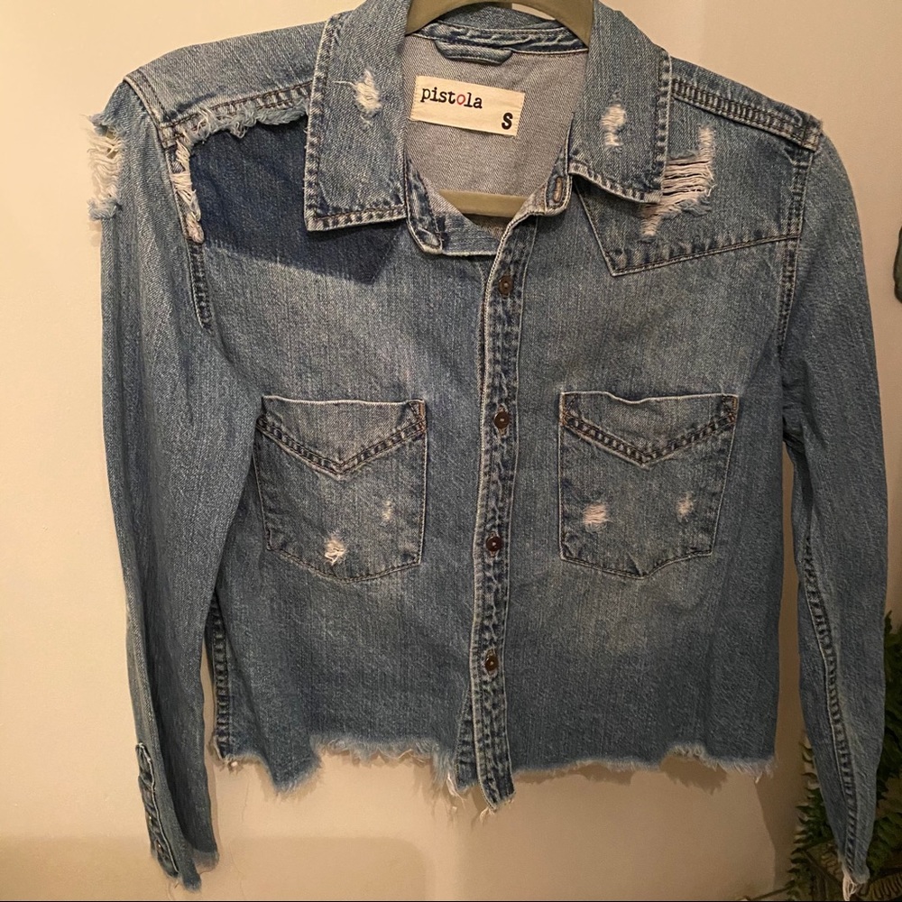 Cropped distressed denim jacket/shirt NWOT